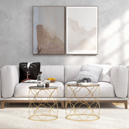 Nesting Tables Set of 2, Side End Table with Glass Top, Gold Tone