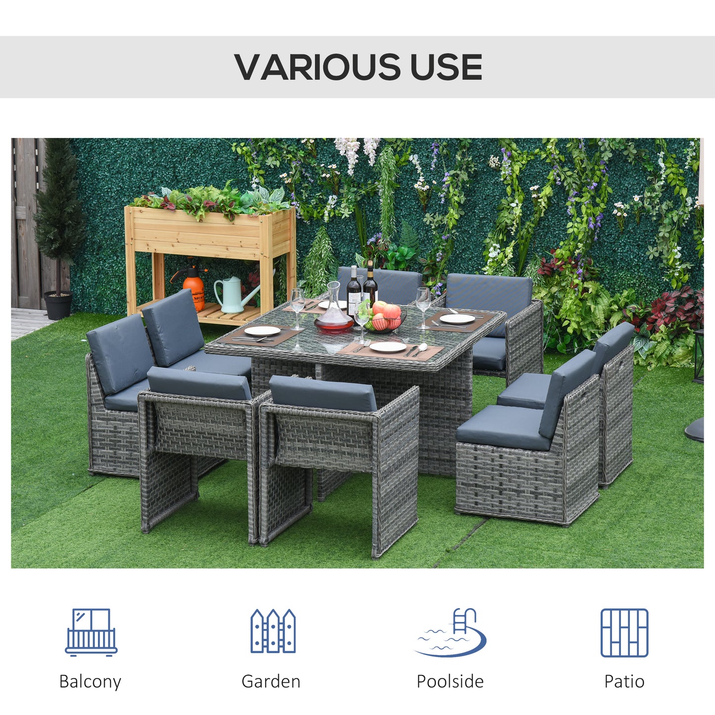 Patio 9 PCs Rattan Dining Table Set Garden Wicker Cube Sofa Furniture