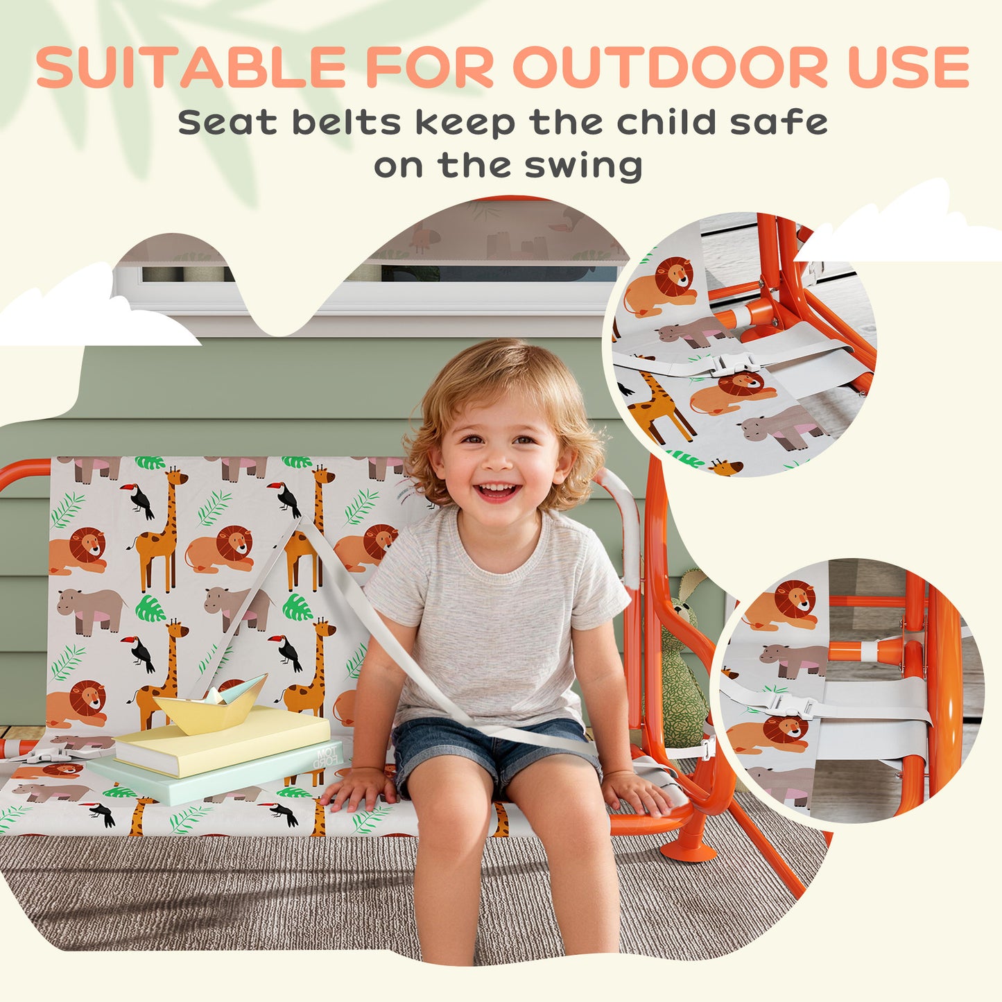 Kids Porch Swing with Seat Belts, Adjustable Canopy, Orange