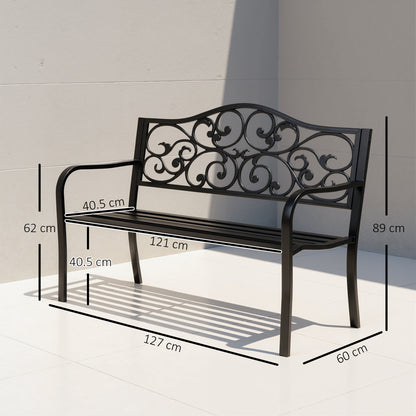 Metal Garden Bench, Outdoor Bench with Floral Back, Black