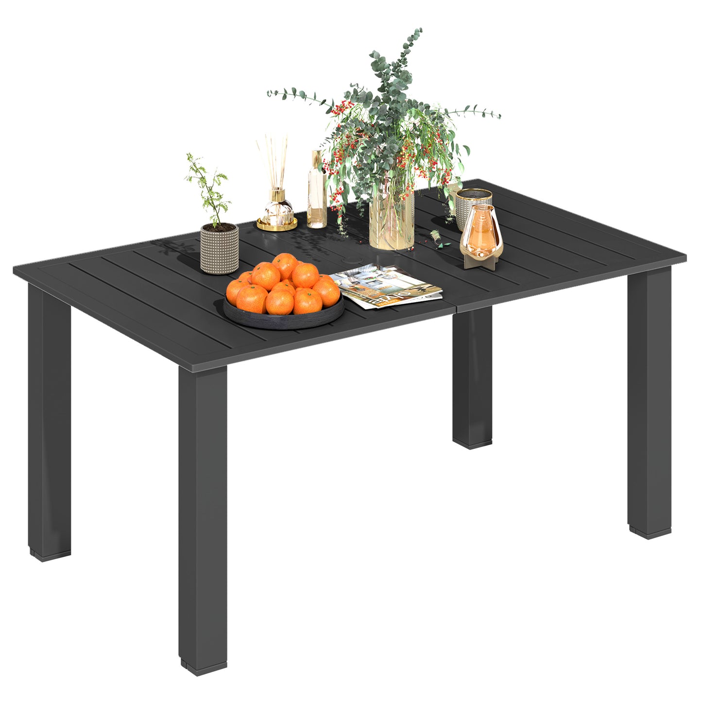 Garden Table with Parasol Hole, Slatted Metal Tabletop, Black