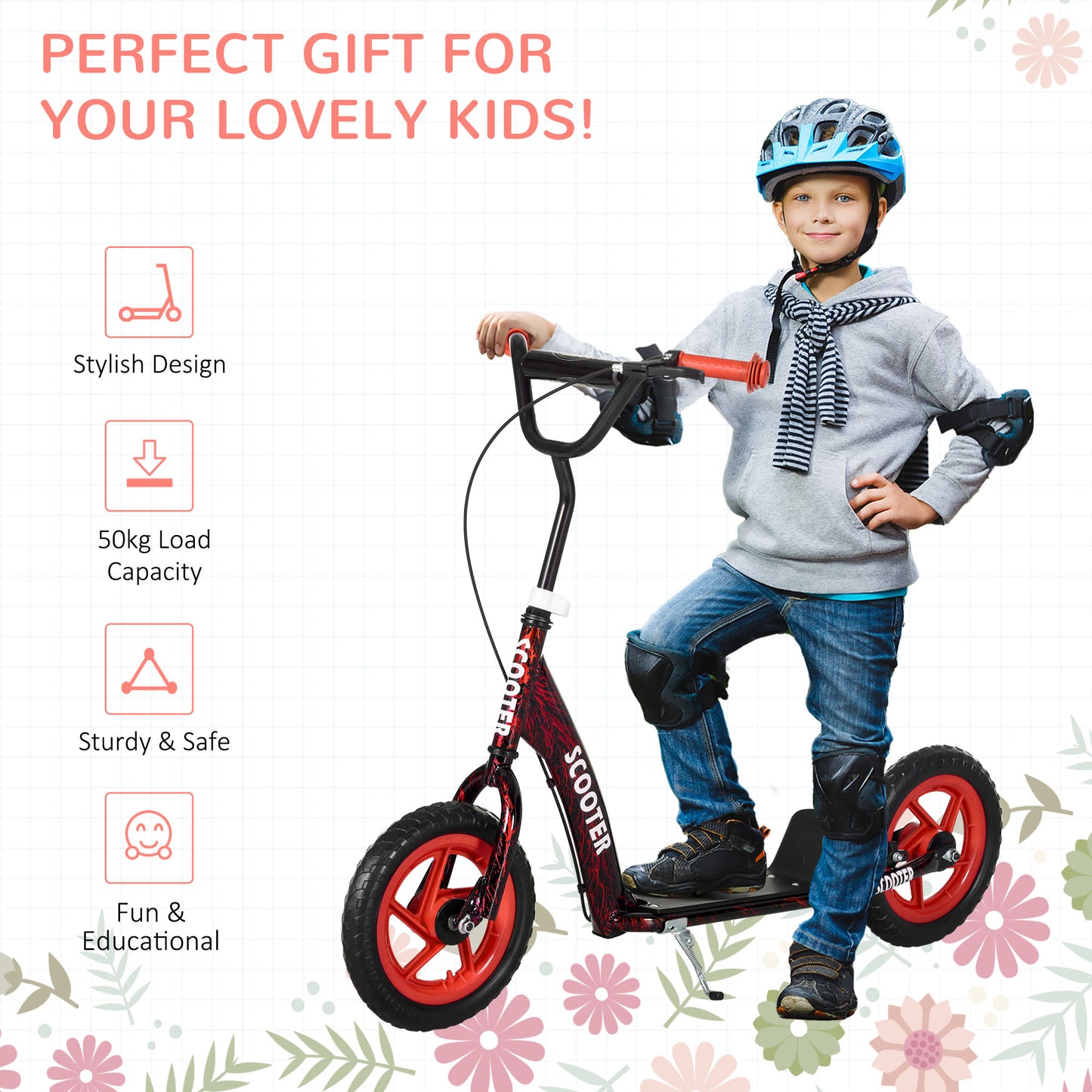 Kids Scooter with Adjustable Handlebar, Kick Scooter, Red