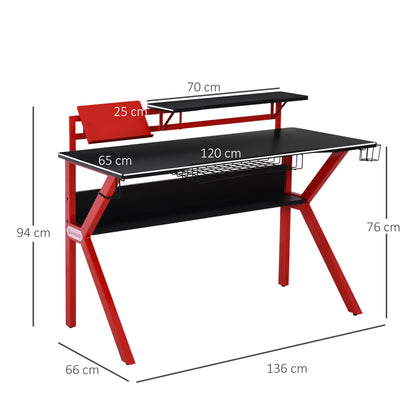 Gaming Desk Computer Table w/ Cup Holder Headphone Hook, Basket, Red