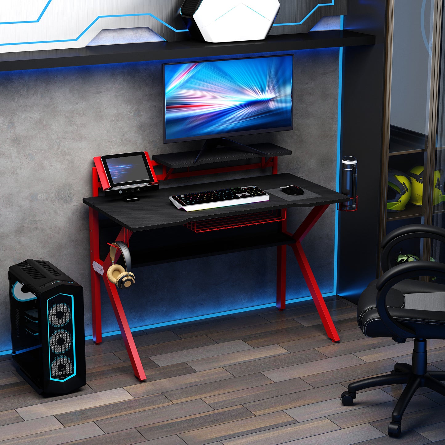 Gaming Desk Computer Table w/ Cup Holder Headphone Hook, Basket, Red