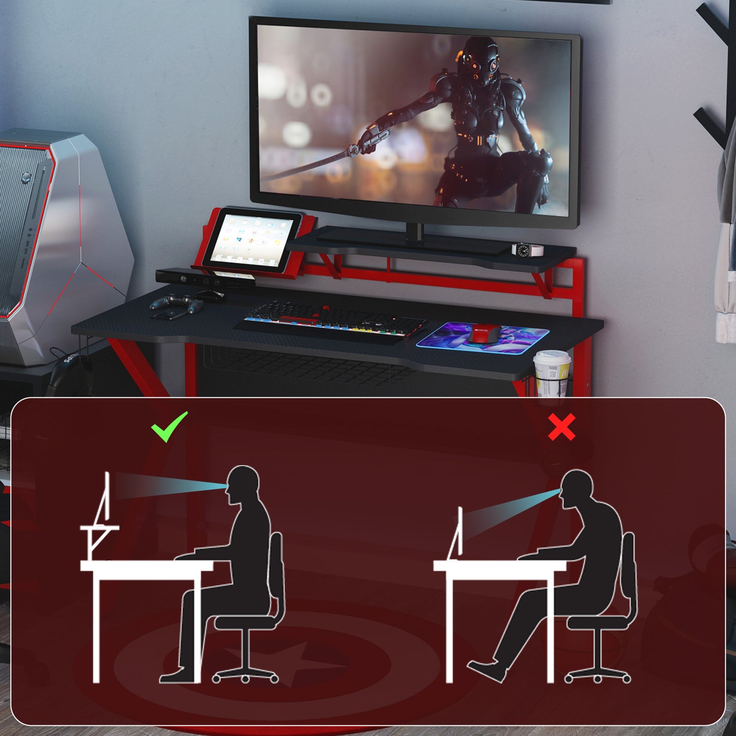 Gaming Desk Computer Table w/ Cup Holder Headphone Hook, Basket, Red