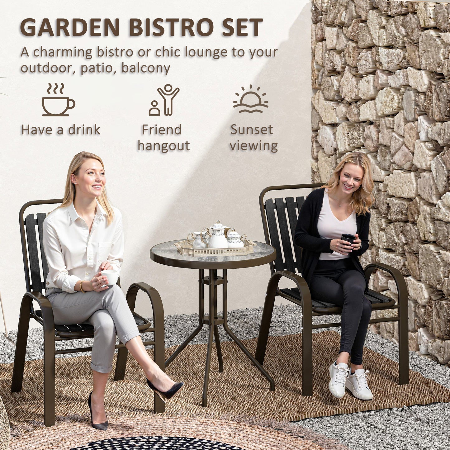 Stackable Patio Bistro Set, 3 Pieces Garden Furniture Set, Grey