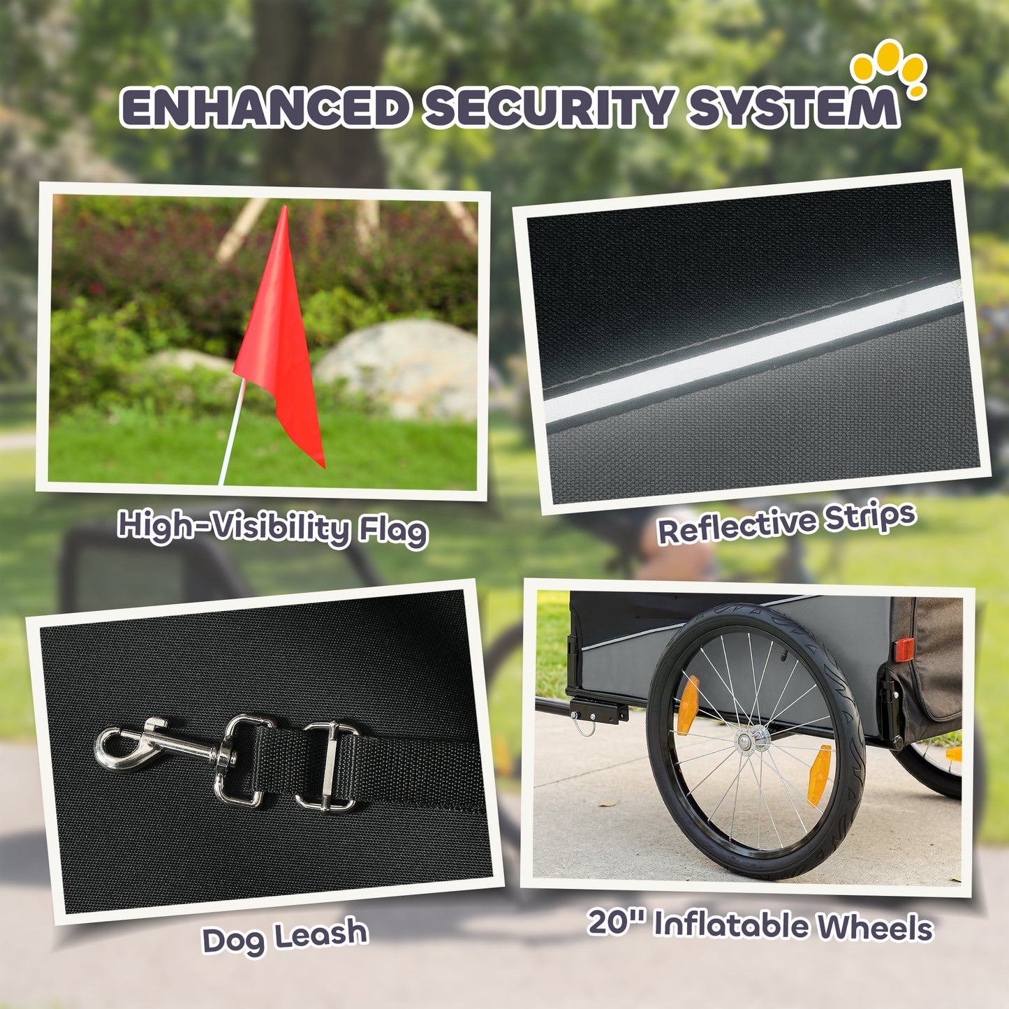Dog Bike Trailer, Pet Cart Bicycle Carrier for Small and Medium Pets with 20" Inflatable Rubber Wheels, Universal Bicycle Coupler, Reflectors, Flag, Internal Leash, Support Up to 20kg, Grey
