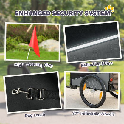 Dog Bike Trailer, Pet Cart Bicycle Carrier for Small and Medium Pets with 20" Inflatable Rubber Wheels, Universal Bicycle Coupler, Reflectors, Flag, Internal Leash, Support Up to 20kg, Grey