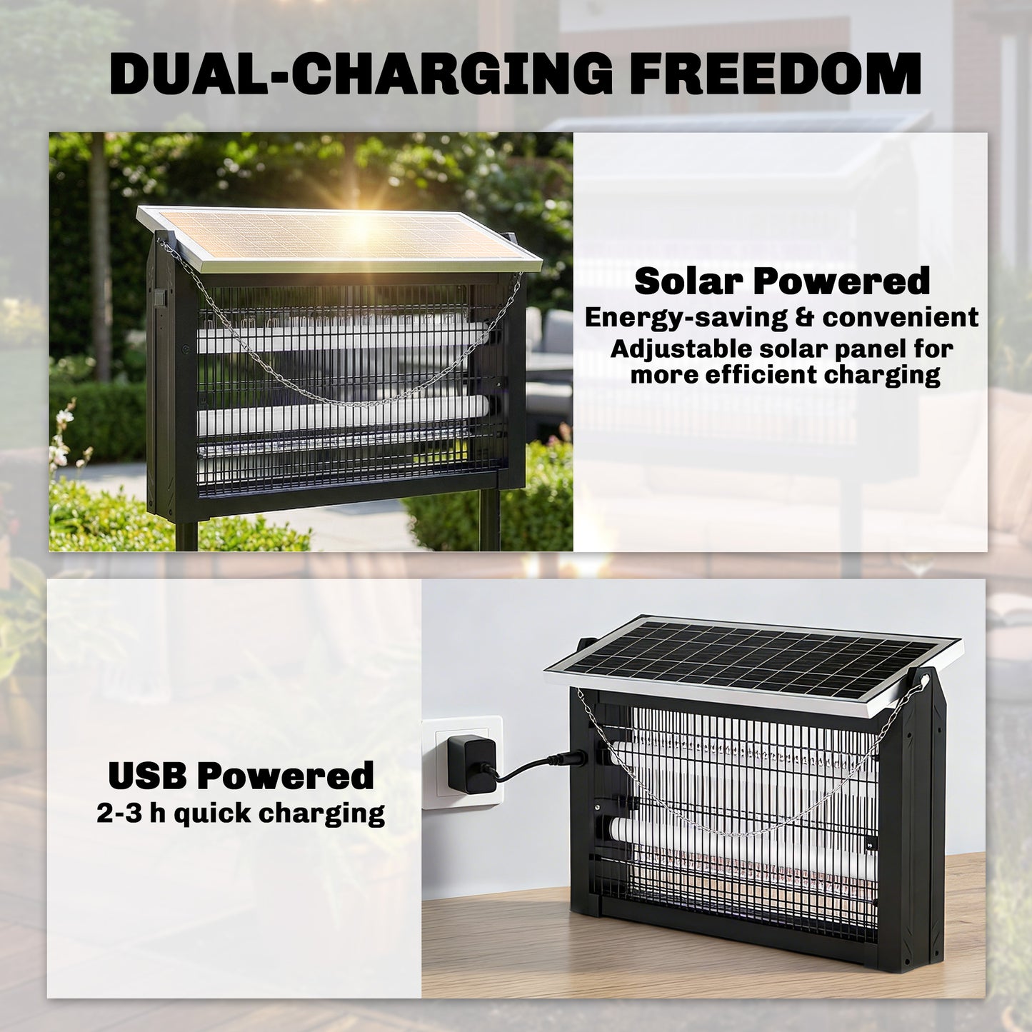 Solar Bug Zapper Outdoor, 3500 V Electric Mosquito Fly Zapper with 4.3 m Extension Cord, Indoor USB Charging Fly Killer with Dusk-to-Dawn Control, Solar Panel Wall Mount, Black