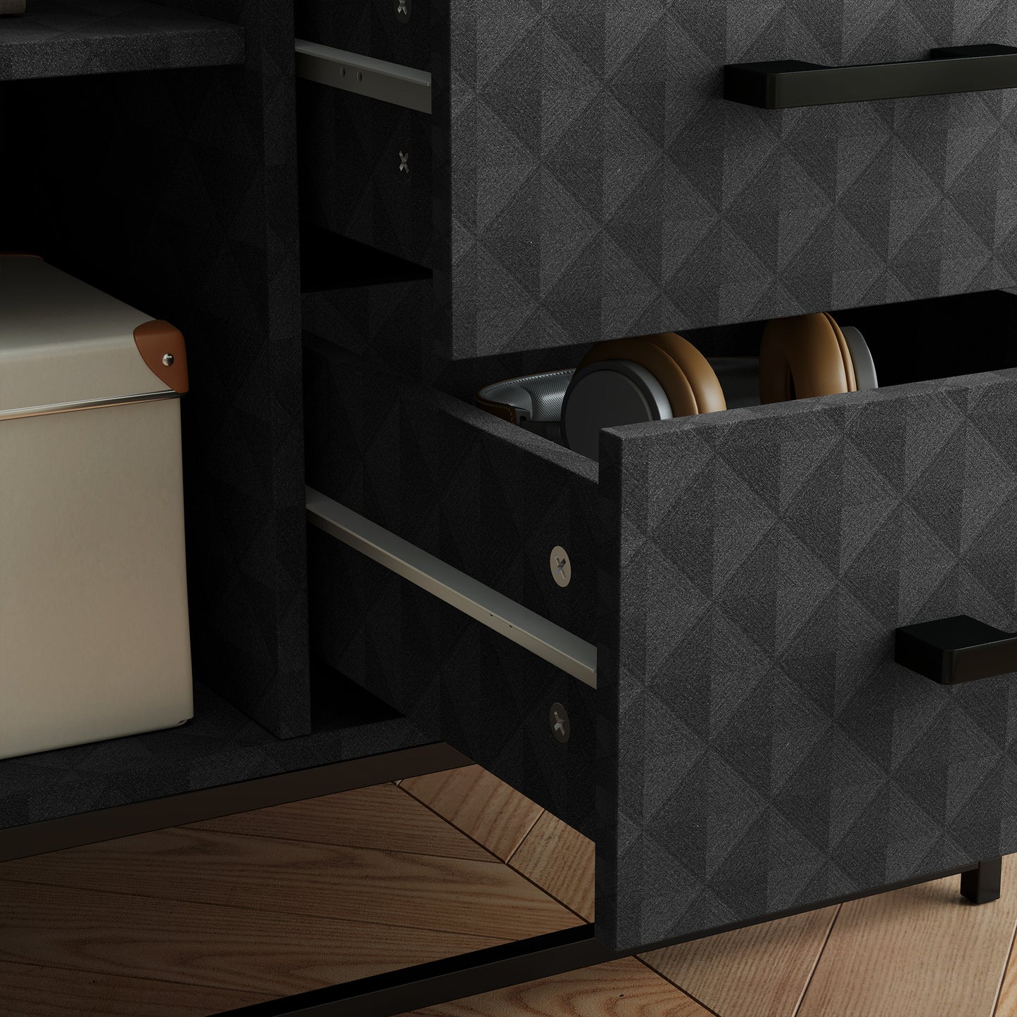 Cupboard with Adjustable Shelf, Open Compartment, 2 Drawers, Black