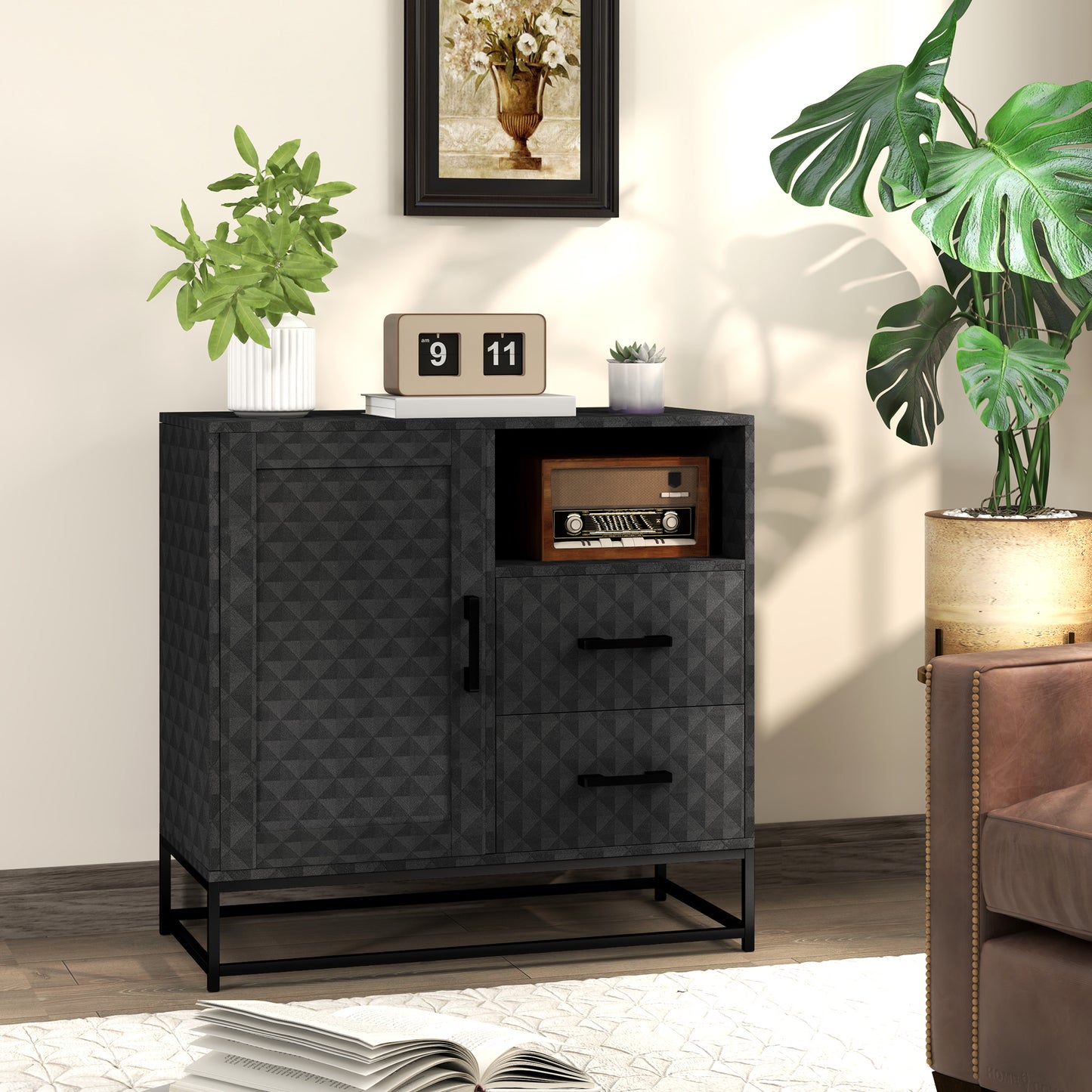 Cupboard with Adjustable Shelf, Open Compartment, 2 Drawers, Black
