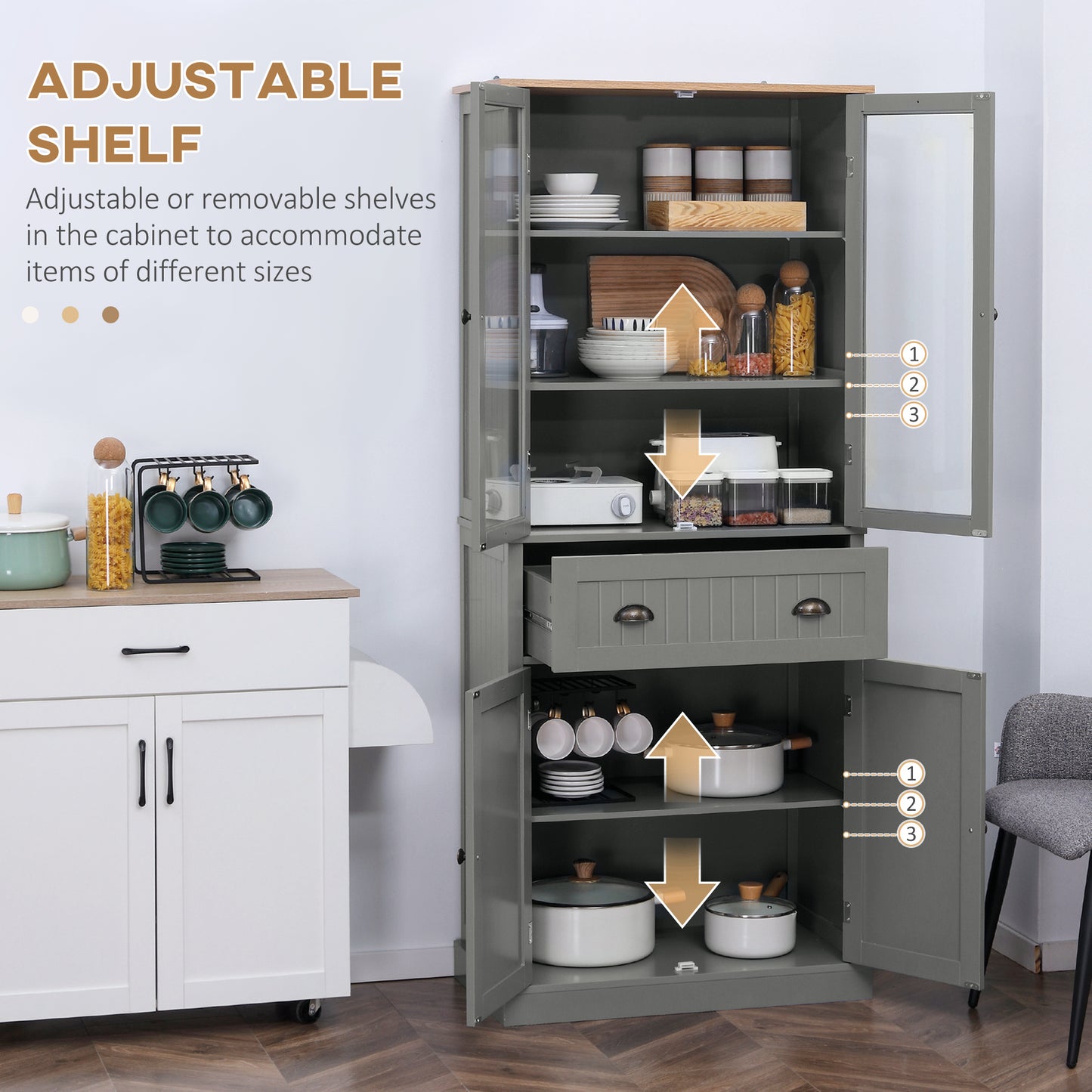 Tall Kitchen Cupboard, 5-tier Storage Cabinet with Adjustable Shelves