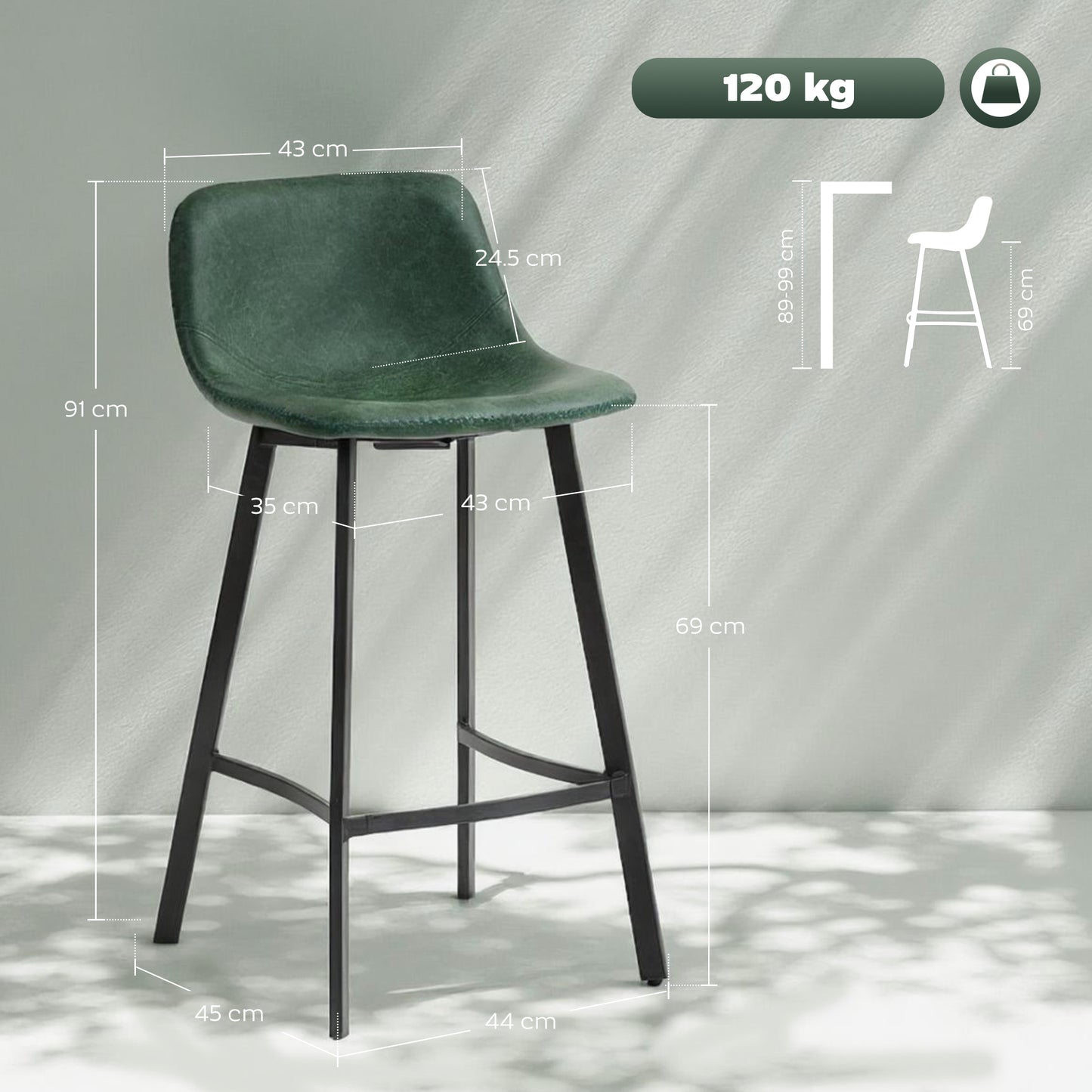 Bar Stools Set of 2, Bar Chairs with Back and Steel Legs, Green