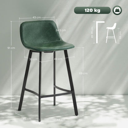 Bar Stools Set of 2, Bar Chairs with Back and Steel Legs, Green
