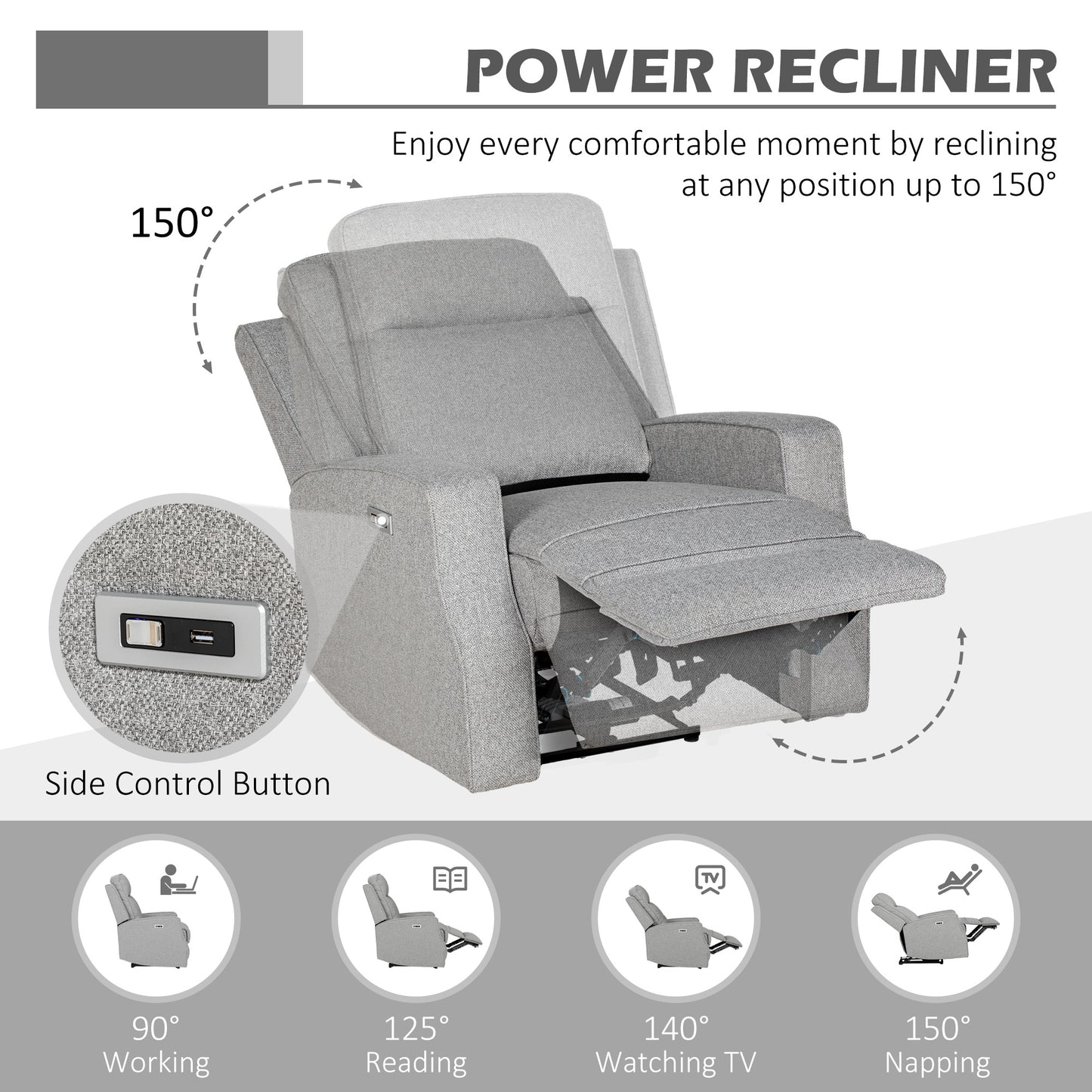 Electric Armchair, Fabric Recliner Chair with USB Port, Grey