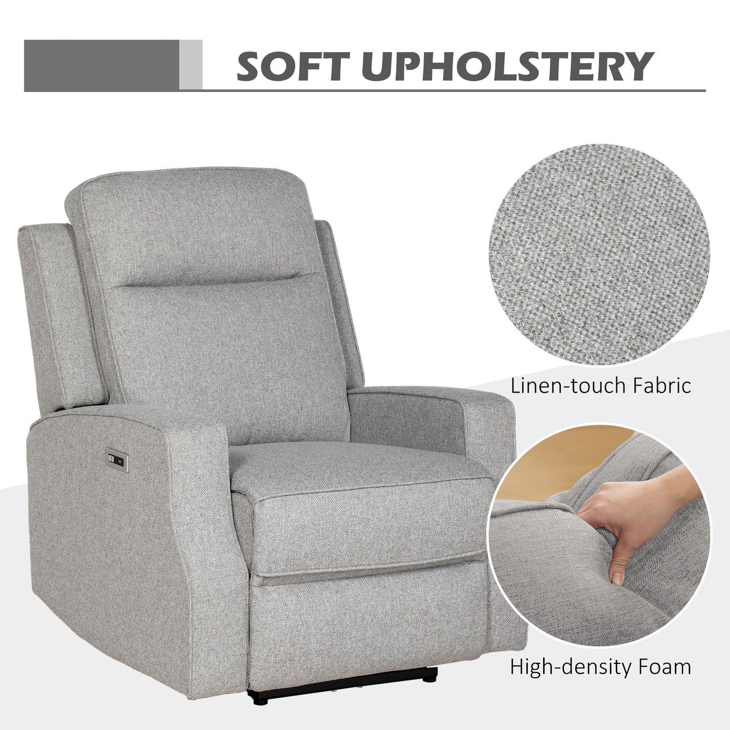 Electric Armchair, Fabric Recliner Chair with USB Port, Grey