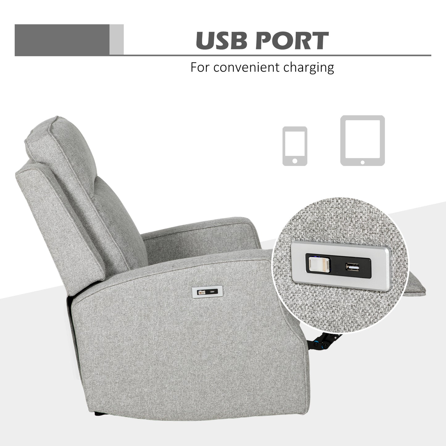 Electric Armchair, Fabric Recliner Chair with USB Port, Grey