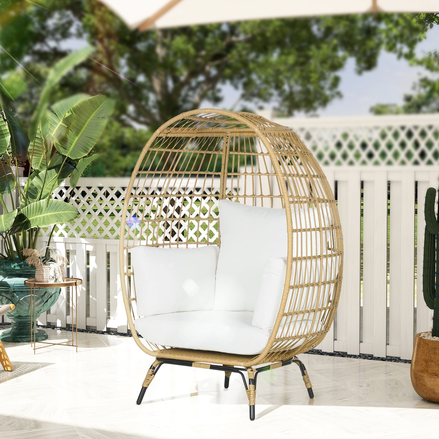 PE Rattan Egg Chair w/ Padded Cushions for Garden, Khaki