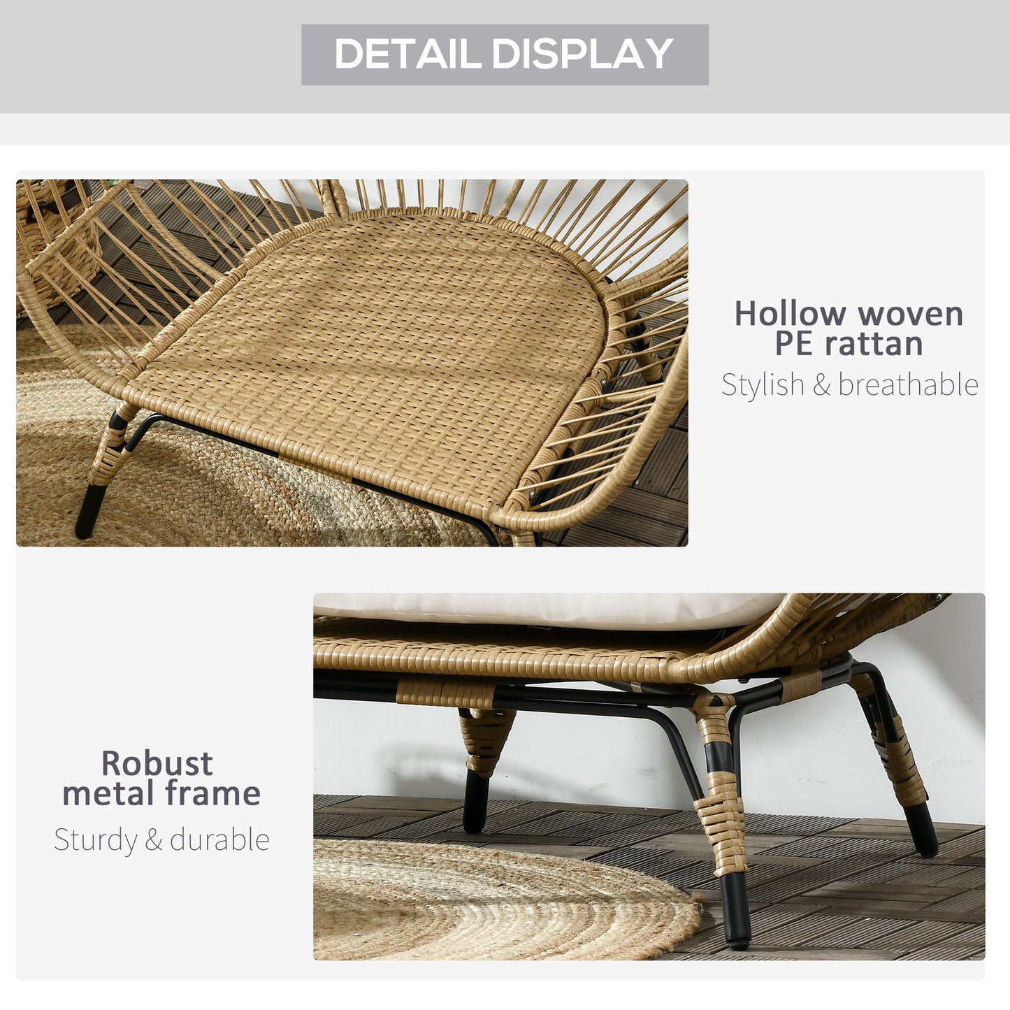 PE Rattan Egg Chair w/ Padded Cushions for Garden, Khaki