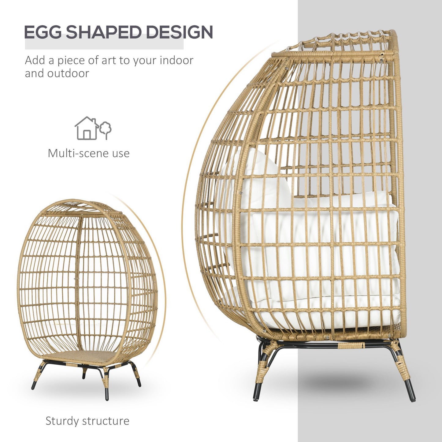 PE Rattan Egg Chair w/ Padded Cushions for Garden, Khaki