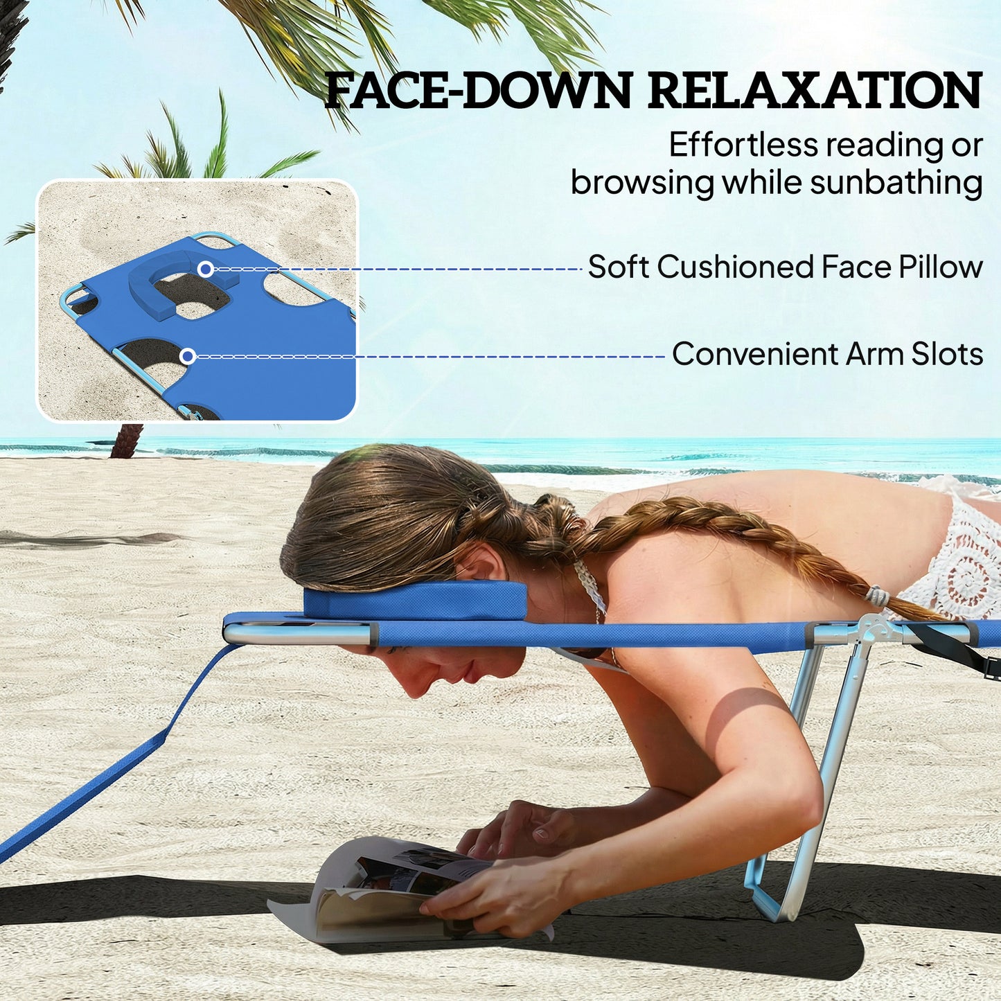 2 Sun Loungers with Reading Hole, Folding Garden Lounger, Blue