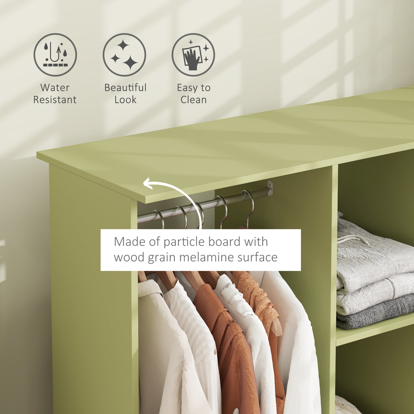 Mobile Double Open Wardrobe w/ Clothes Hanging Rail Colthing, Green