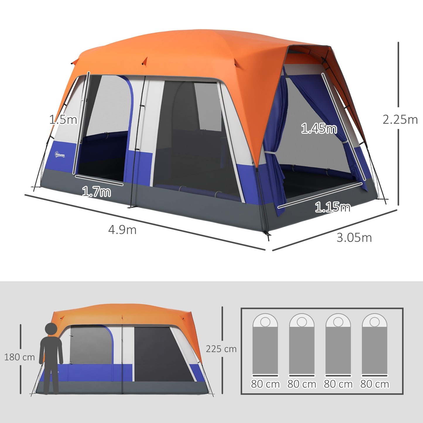 Camping Tent with 3000mm Waterproof Rainfly & Screen Panels, Orange