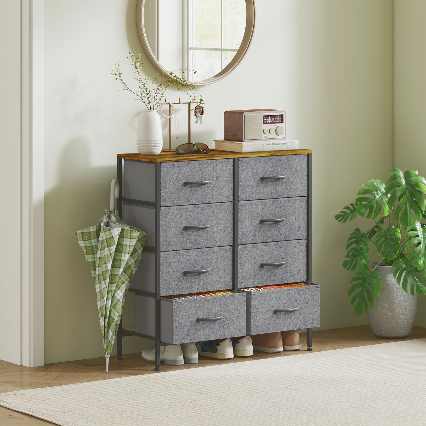 8 Drawer Fabric Chest of Drawers with Wooden Top, Rustic Brown