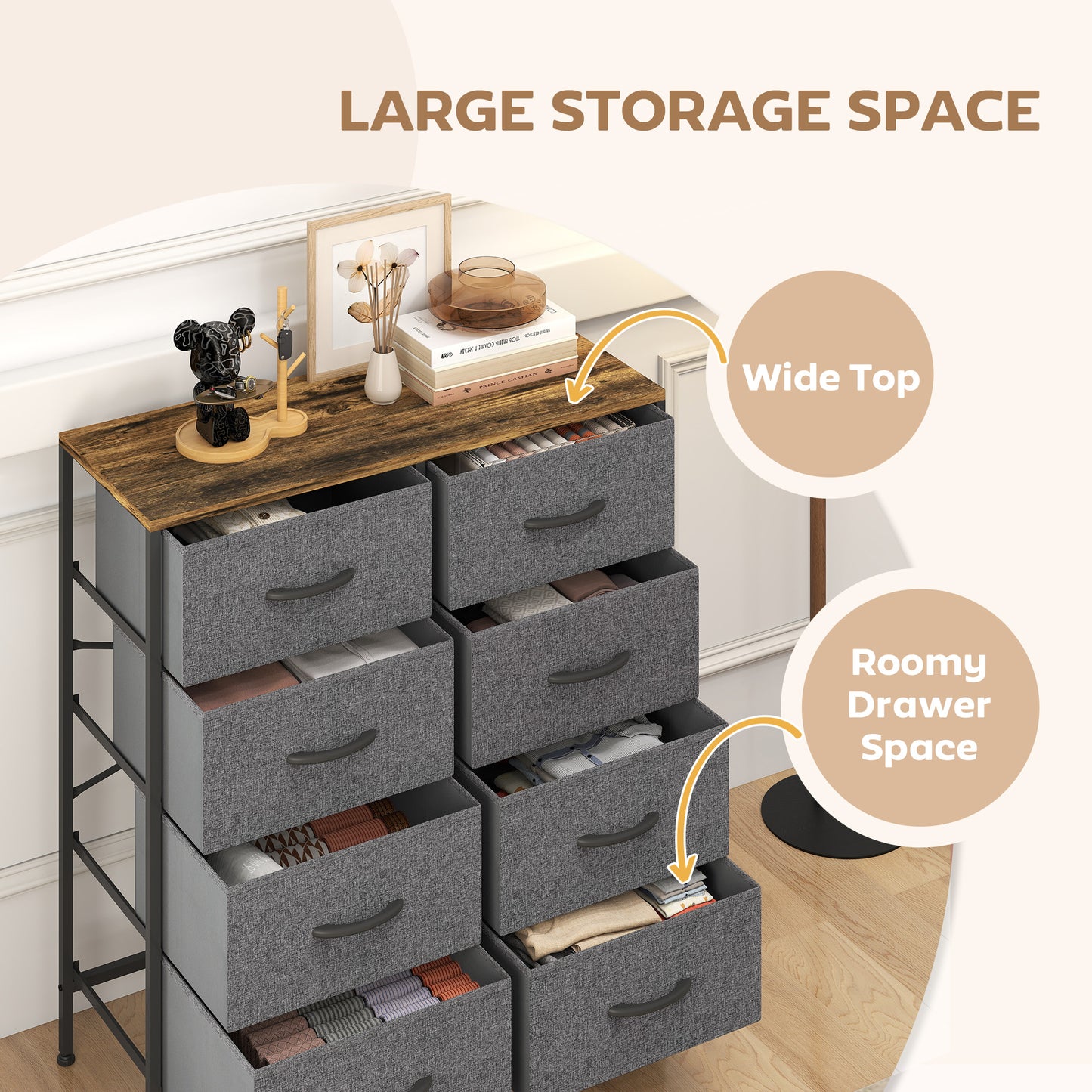 8 Drawer Fabric Chest of Drawers with Wooden Top, Rustic Brown