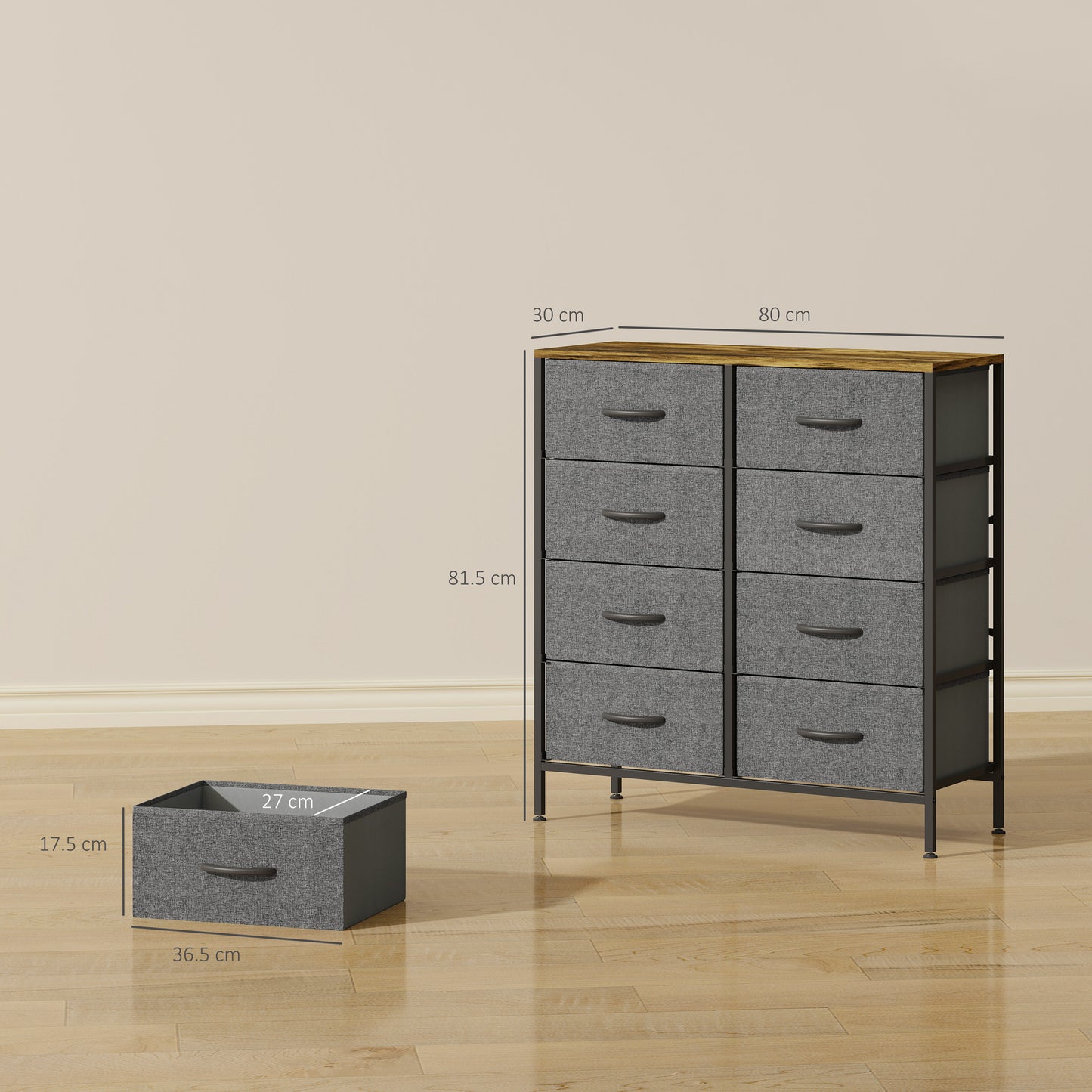 8 Drawer Fabric Chest of Drawers with Wooden Top, Rustic Brown