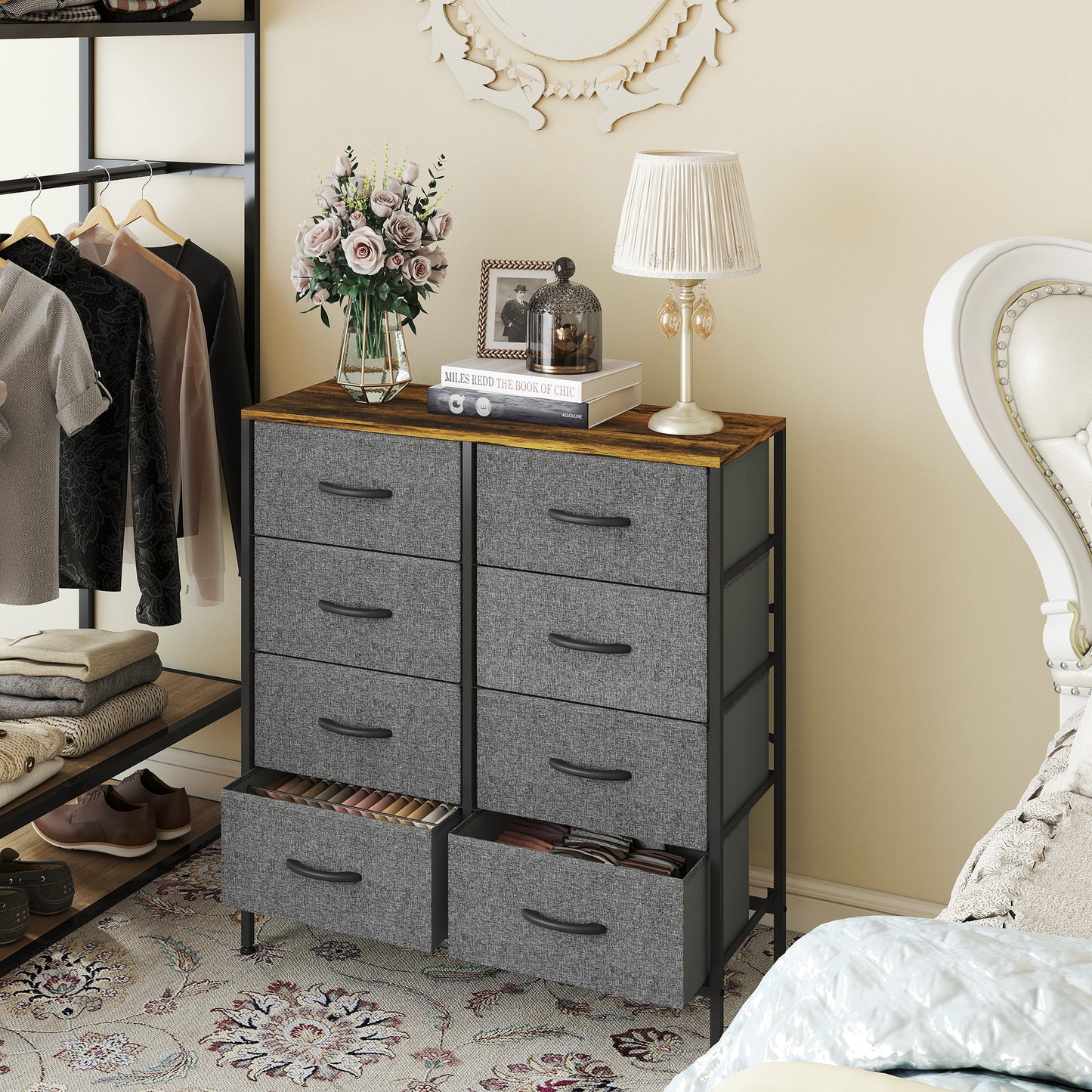 8 Drawer Fabric Chest of Drawers with Wooden Top, Rustic Brown