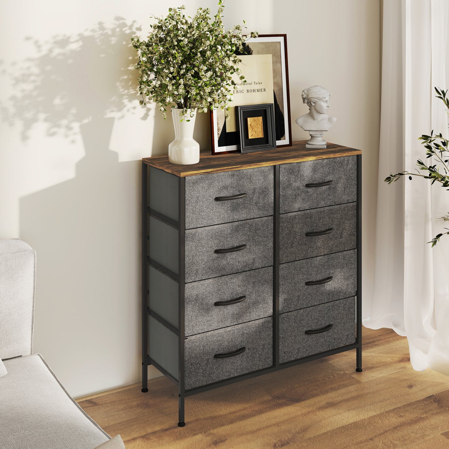 8 Drawer Fabric Chest of Drawers with Wooden Top, Rustic Brown