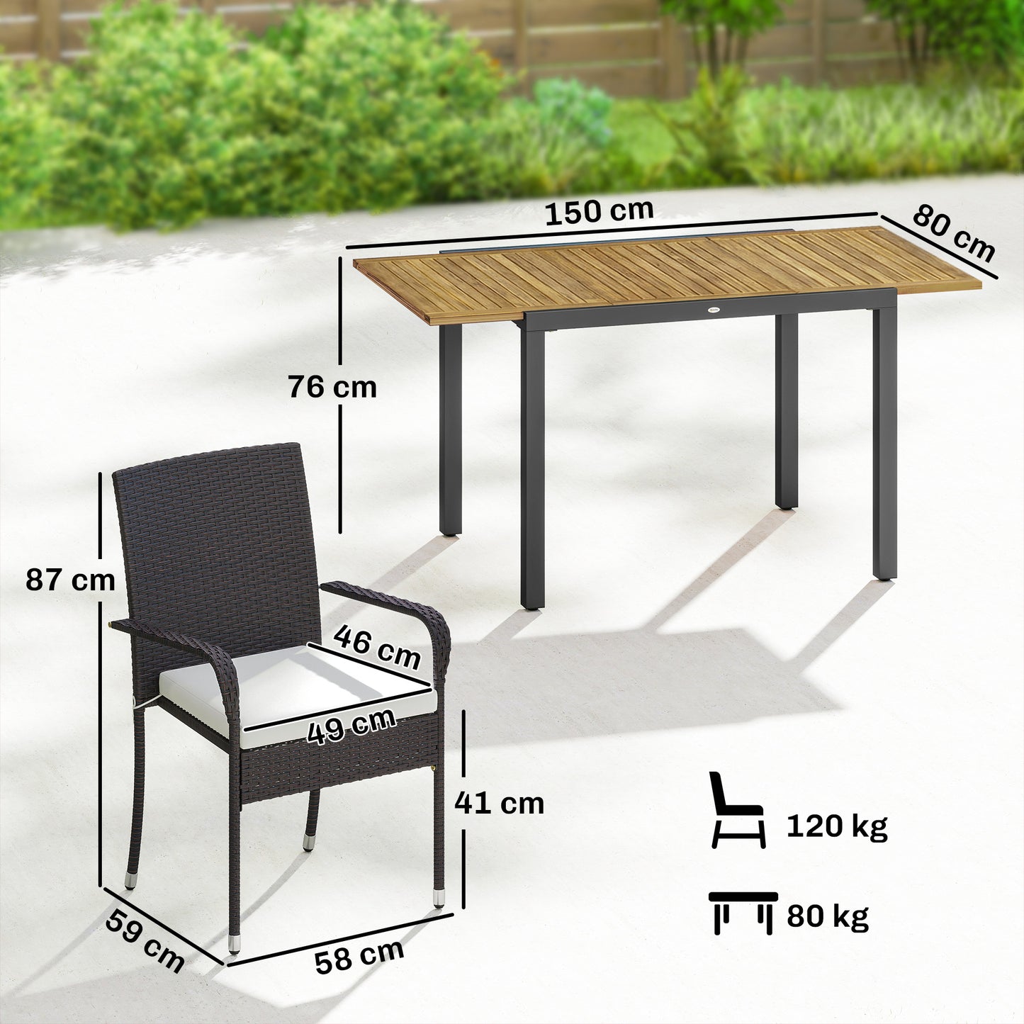 7 Piece Rattan Garden Furniture Set, 6 Seater Garden Table and 6 Stackable Chairs with Extendable Acacia Wood Tabletop, All-Weather Outdoor Furniture with Cushions for Patio, Cream White