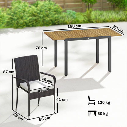 7 Piece Rattan Garden Furniture Set, 6 Seater Garden Table and 6 Stackable Chairs with Extendable Acacia Wood Tabletop, All-Weather Outdoor Furniture with Cushions for Patio, Cream White