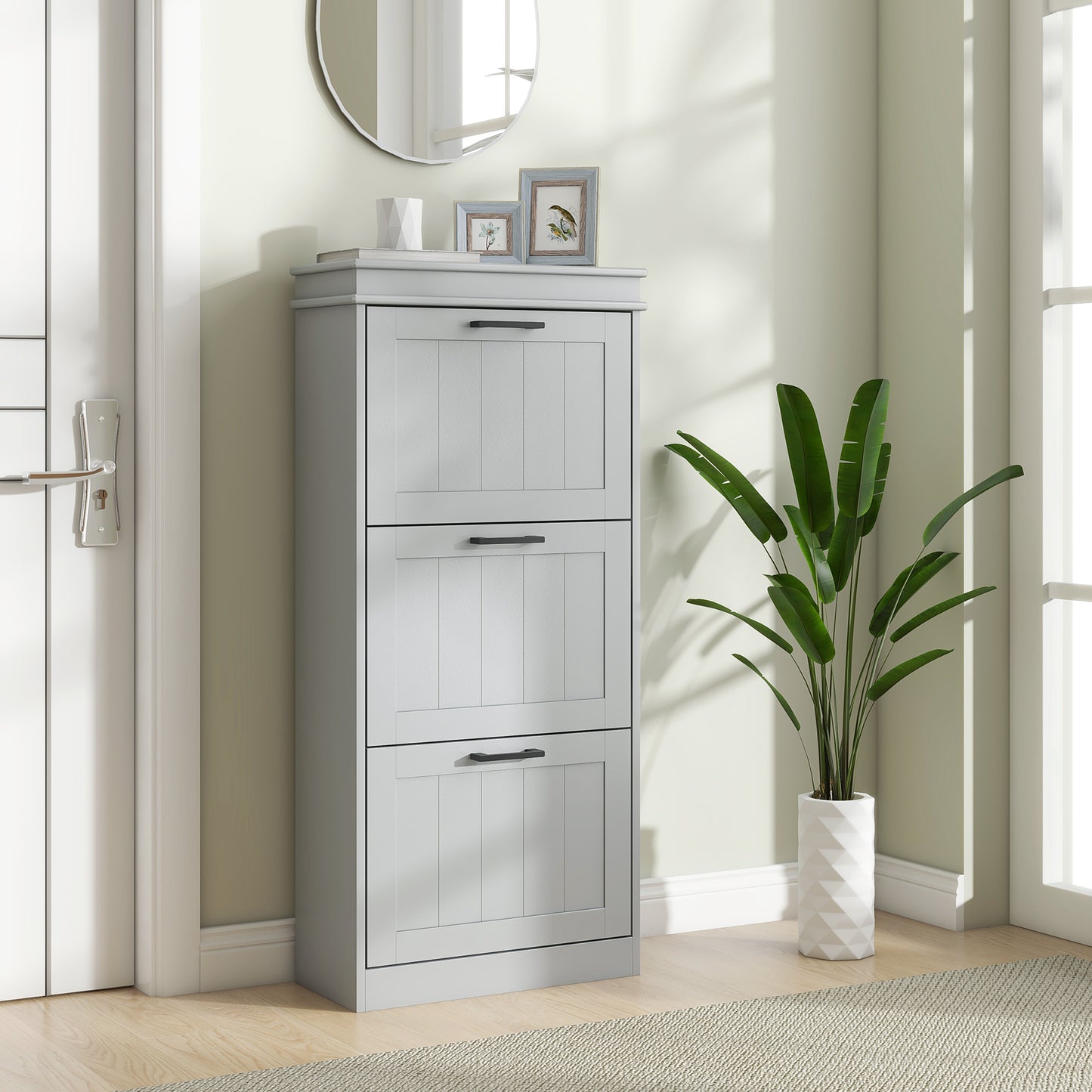 Slim Shoe Storage Cabinet with 3 Flip Drawers for Entryway, Grey