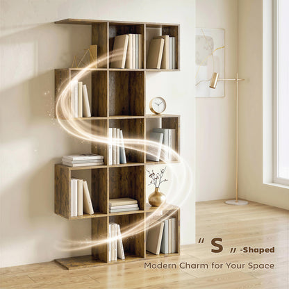 Geometric Bookshelf, 5-Tier S Shaped Bookcase, Rustic Brown