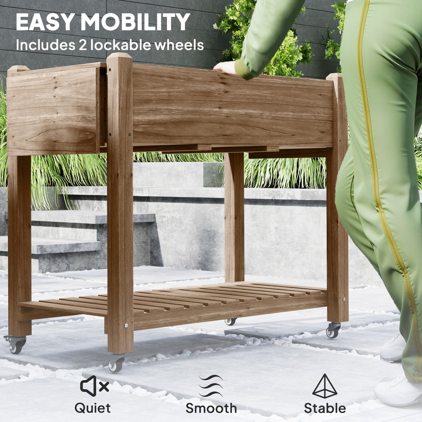 Wooden Raised Planter with Lockable Wheels, Liner, Carbonised