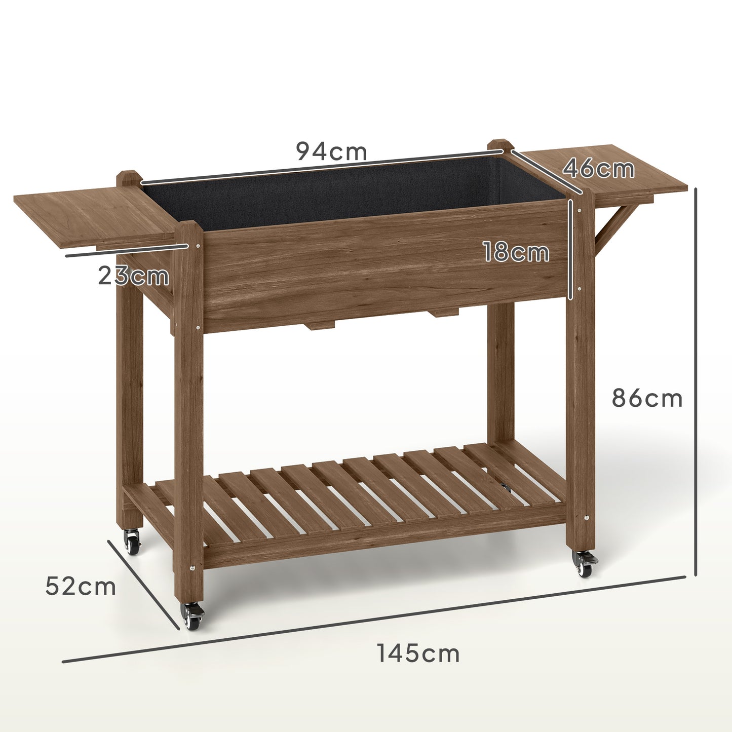 Wooden Raised Planter with Lockable Wheels, Liner, Carbonised
