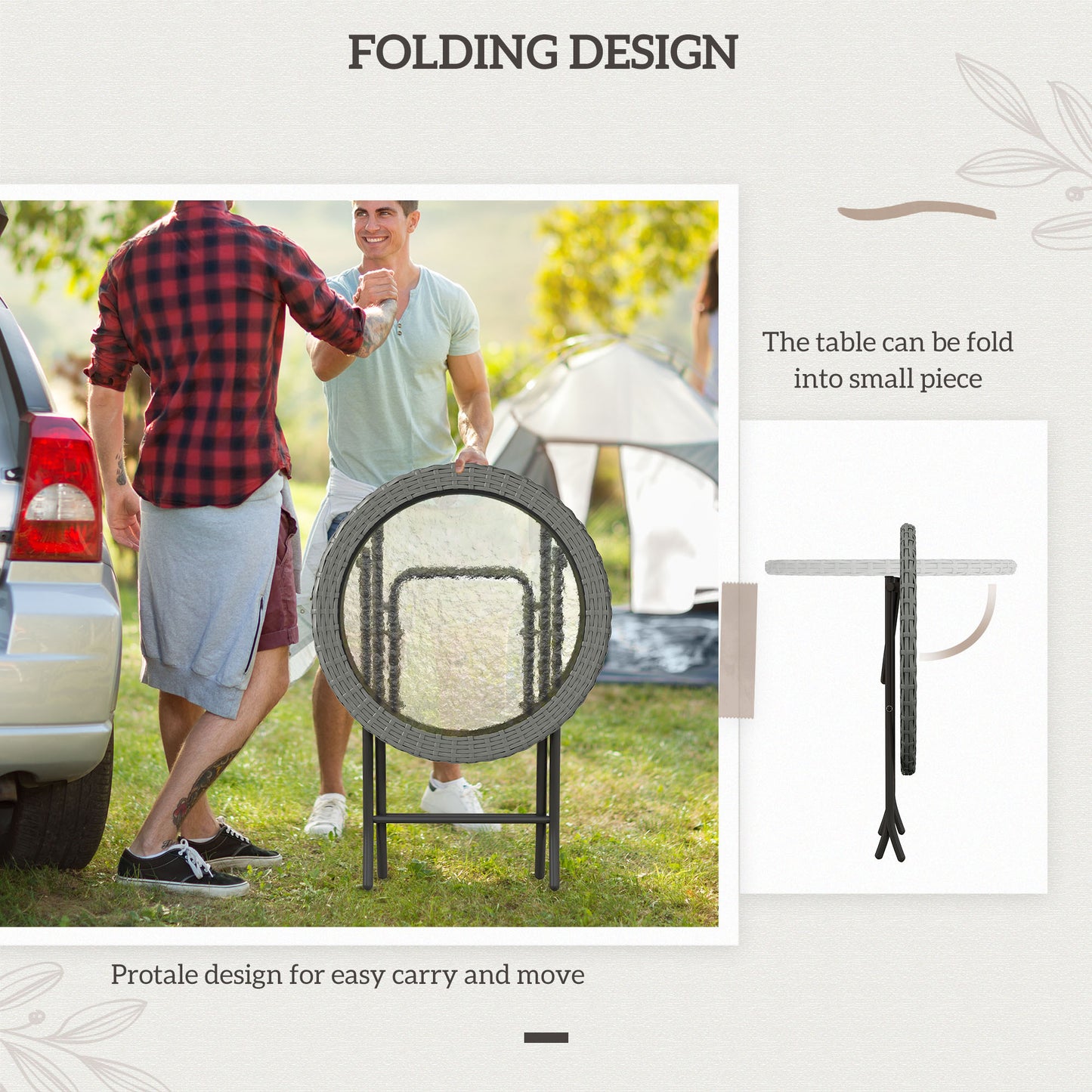 Folding Round Tempered Glass Metal Table with Grey Rattan Edging
