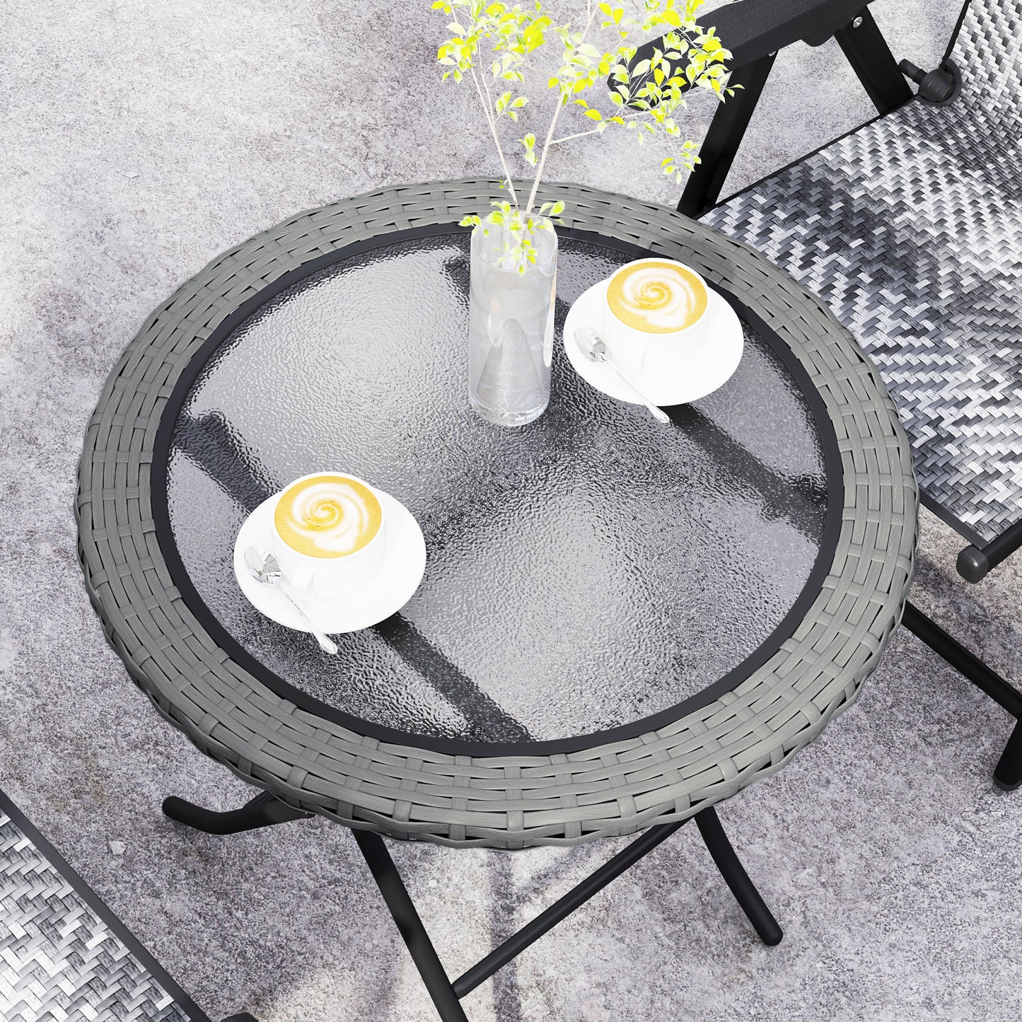 Folding Round Tempered Glass Metal Table with Grey Rattan Edging