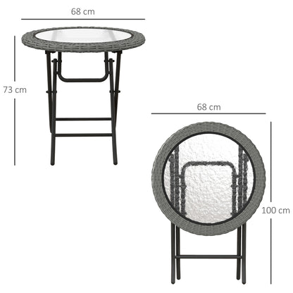 Folding Round Tempered Glass Metal Table with Grey Rattan Edging