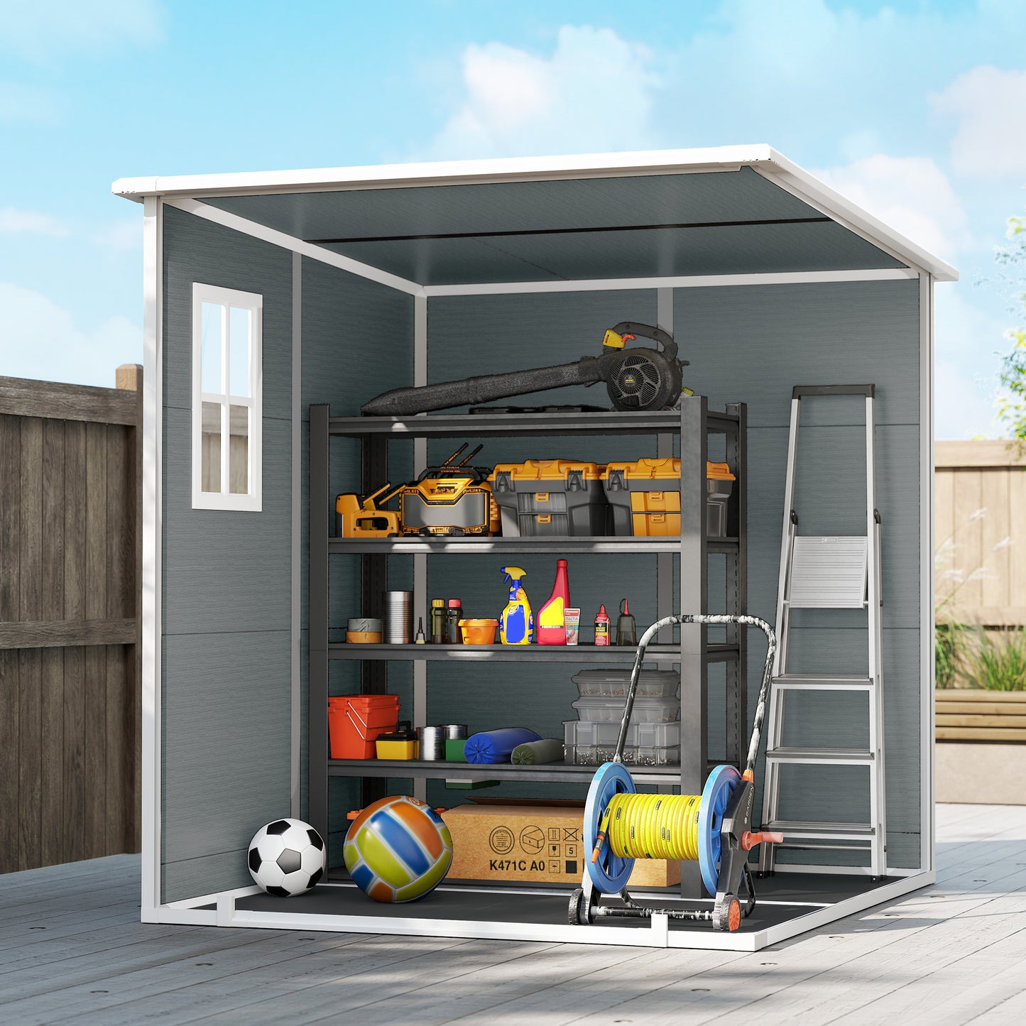 6 x 6 ft Plastic Garden Shed with Floor, Lockable Doors, Grey