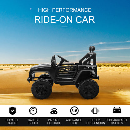 HOMCOM 12V Battery-powered 2 Motors Kids Electric Ride On Car Truck Off-road Toy with Parental Remote Control Horn Lights Suspension Wheels for 3-6 Years Old Black