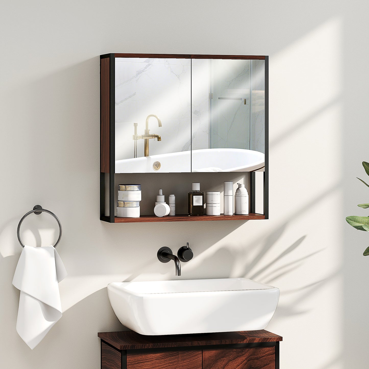 Industrial Bathroom Cabinet with 2 Mirrored Doors Open Shelf, Natural