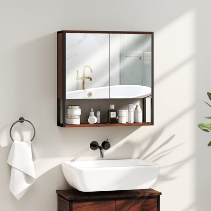 Industrial Bathroom Cabinet with 2 Mirrored Doors Open Shelf, Natural