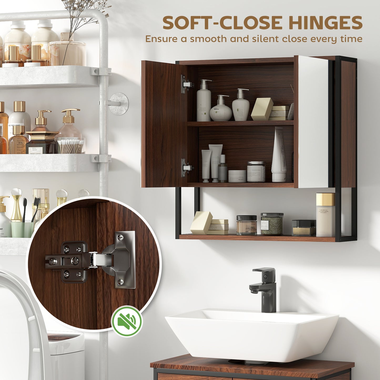 Industrial Bathroom Cabinet with 2 Mirrored Doors Open Shelf, Natural