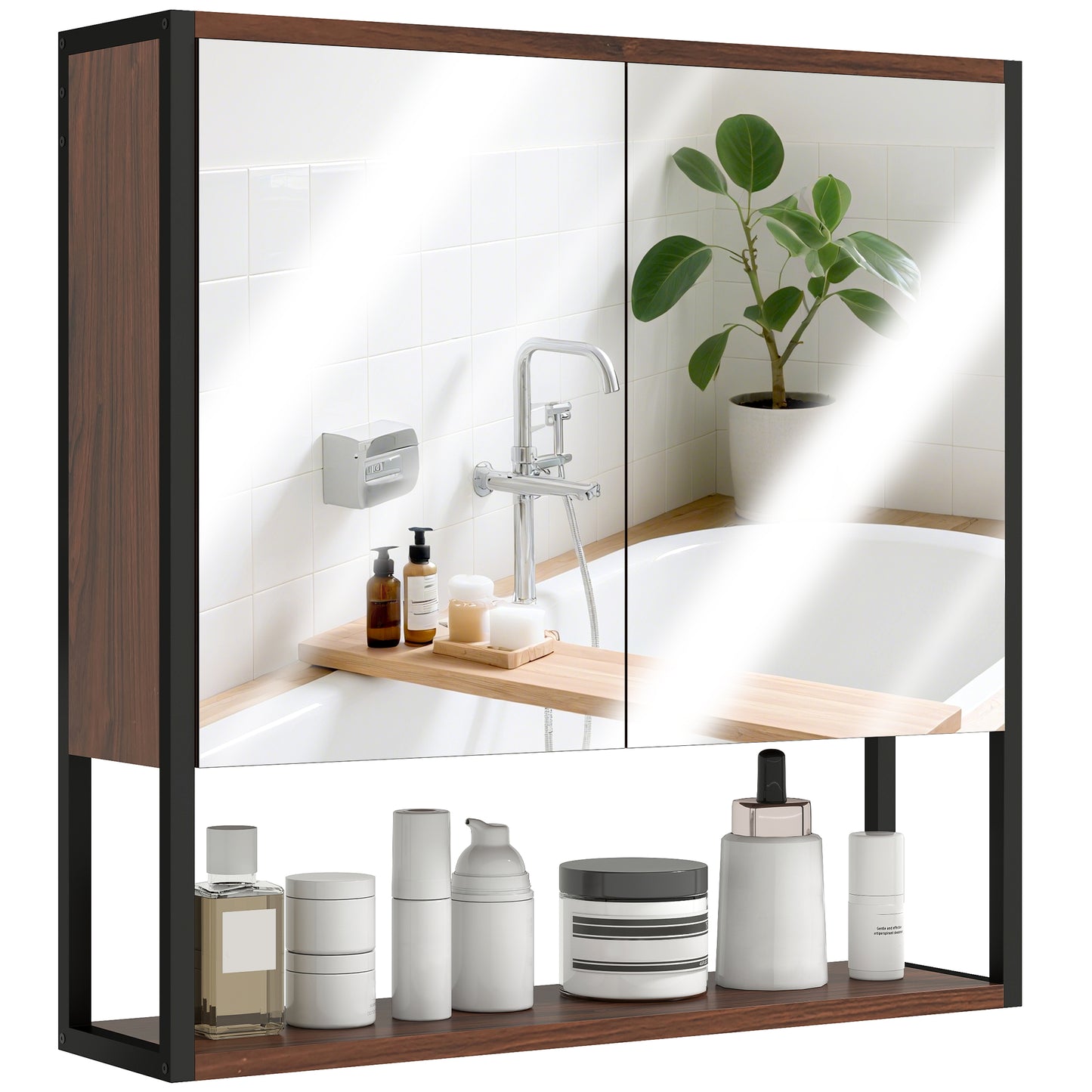 Industrial Bathroom Cabinet with 2 Mirrored Doors Open Shelf, Natural