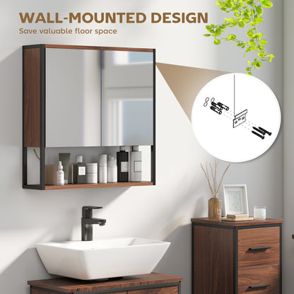 Industrial Bathroom Cabinet with 2 Mirrored Doors Open Shelf, Natural