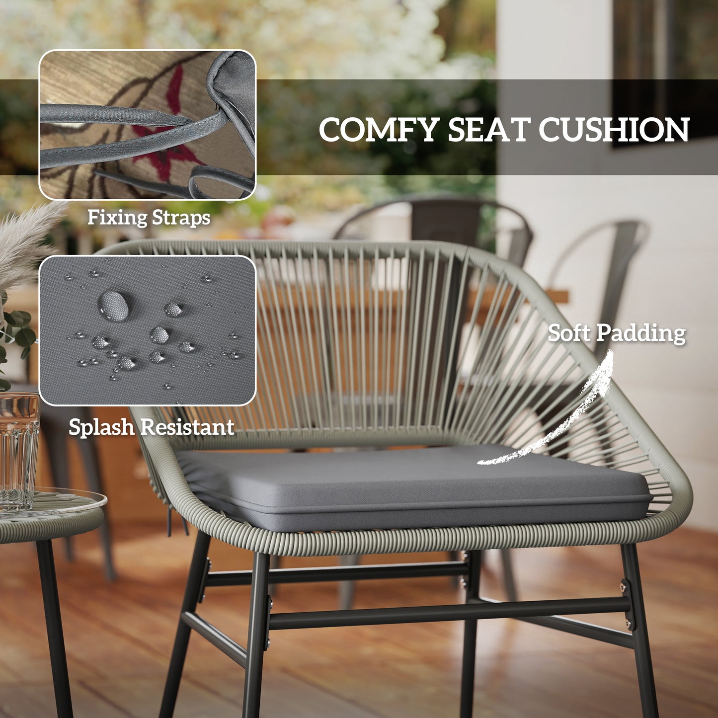 Rattan Bistro Set, Small Balcony Furniture with Cushion, Light Grey