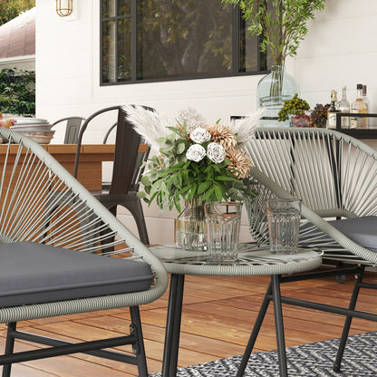 Rattan Bistro Set, Small Balcony Furniture with Cushion, Light Grey